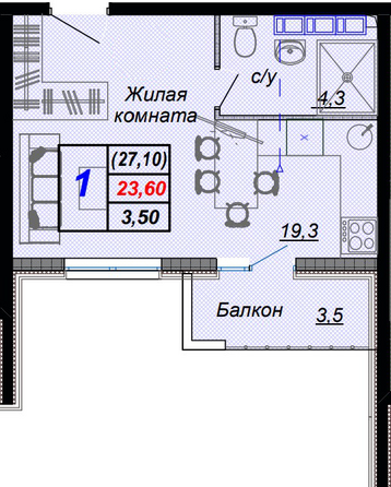 Планировка 1-комн 27,1 м²