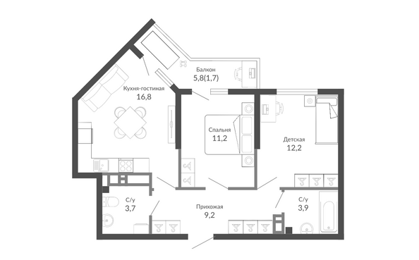 Планировка 2-комн 59,2 м²