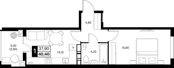 Планировка 1-комн 40,4, 40,9 м²