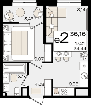 Планировка 2-комн 36,16 м²