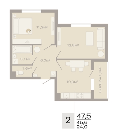 Планировка 2-комн 47,5 м²