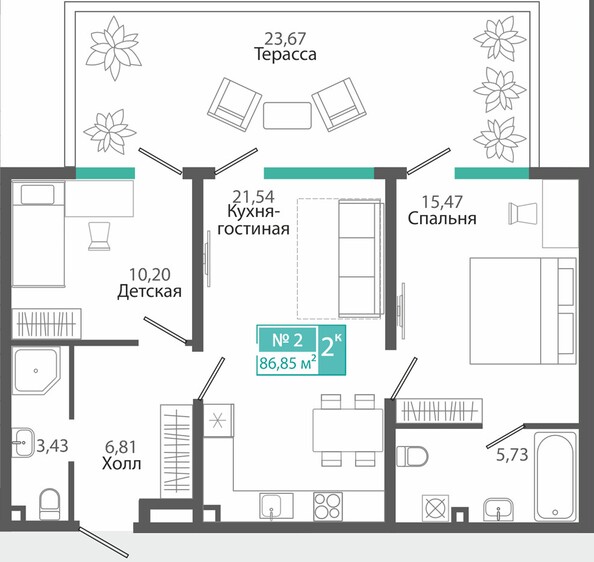 Планировка 2-комн 86,85 м²