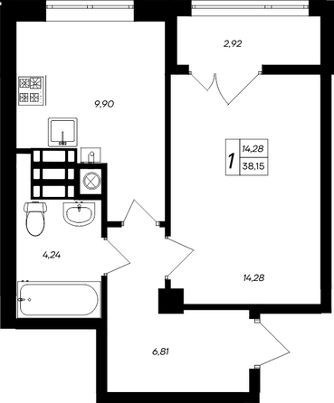 Планировка 1-комн 38,15 - 38,45 м²