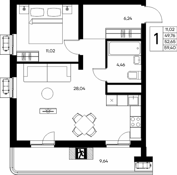 Планировка 1-комн 59,4 м²
