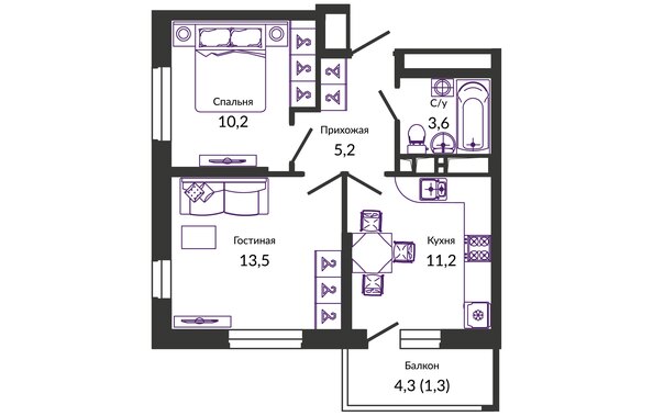 Планировка 2-комн 45, 45,4 м²