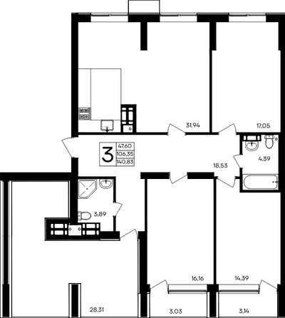 Планировка 3-комн 140,83 м²