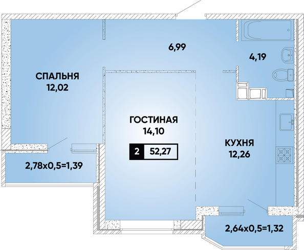 Планировка 2-комн 52,27 м²