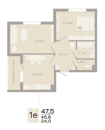 Планировка 2-комн 47,5 м²