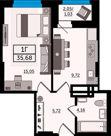 Планировка 1-комн 35,68 м²