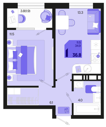 Планировка 1-комн 36,8 м²