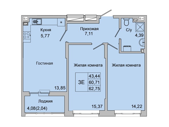 Планировка 2-комн 43,77 - 44,87 м²