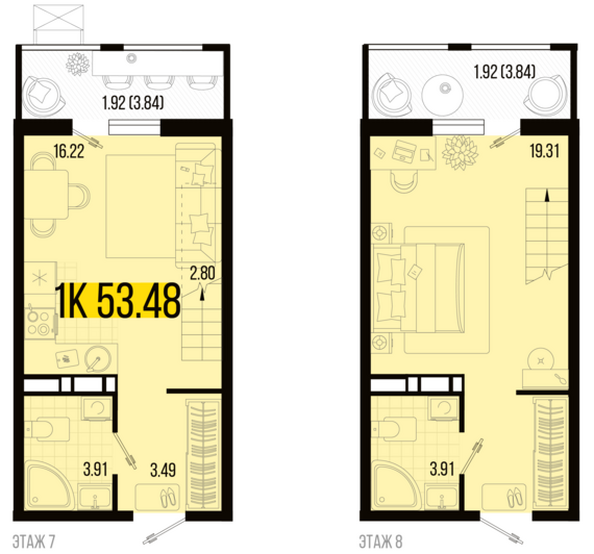 Планировка 1-комн 53,48 м²