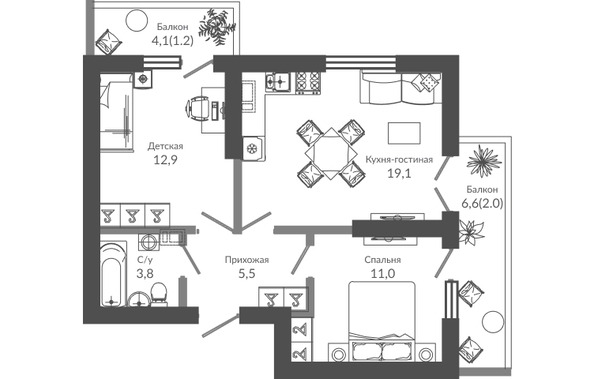 Планировка 2-комн 55,5 м²