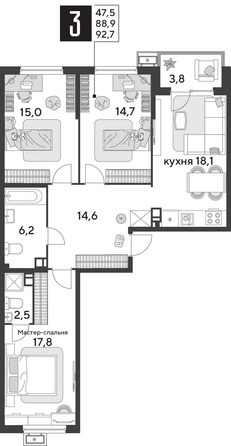 Планировка 3-комн 92,7 м²