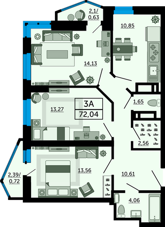 Планировка 3-комн 72,04 м²