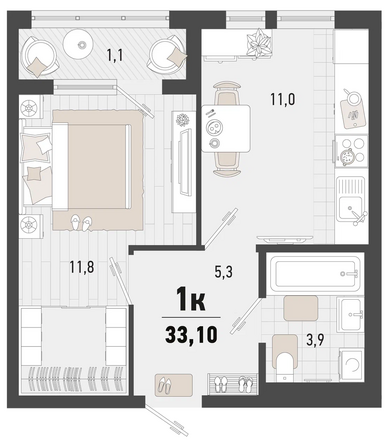 Планировка 1-комн 33,1 м²