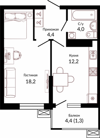 Планировка 1-комн 40,1 м²