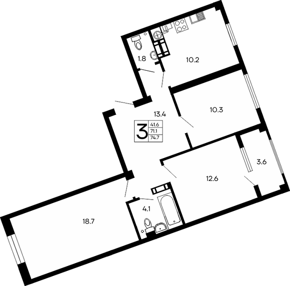 Планировка 3-комн 74,7 м²