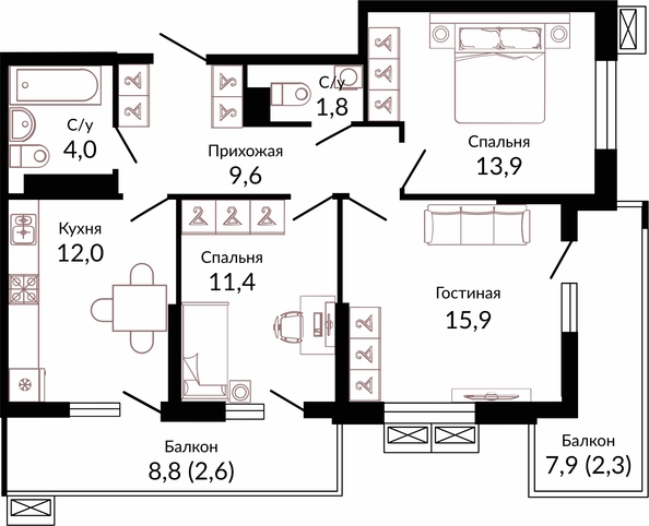 Планировка 3-комн 73,5 м²