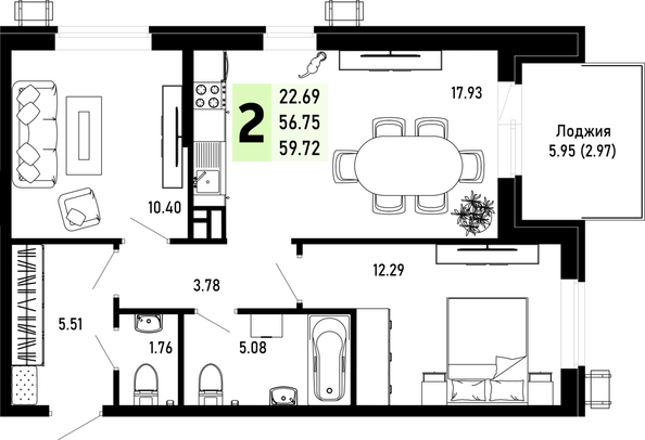 Планировка 2-комн 59,72 м²