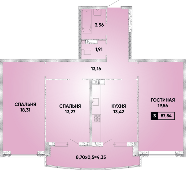 Планировка 3-комн 87,54 м²