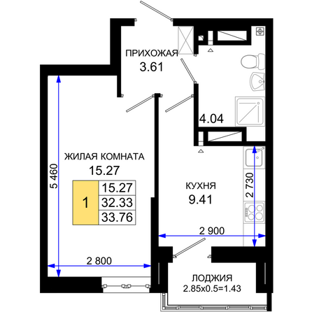 Планировка 1-комн 33,76, 35,57 м²