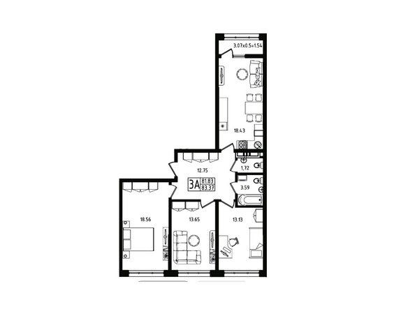 Планировка 3-комн 83,4 м²