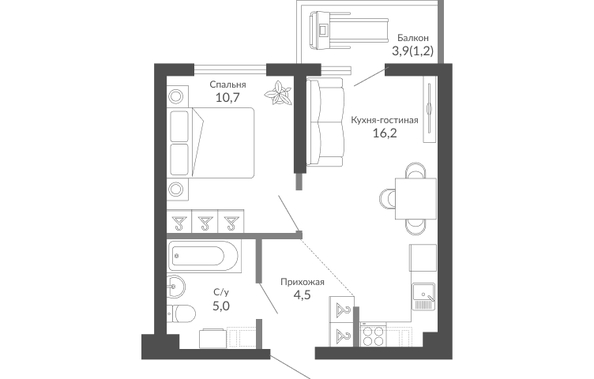 Планировка 1-комн 37,6 м²