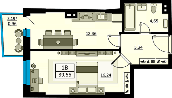 Планировка 1-комн 39,08 м²