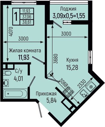 Планировка 1-комн 38,61 м²