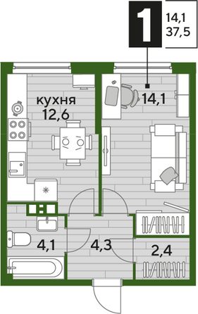 Планировка 1-комн 37,5 м²