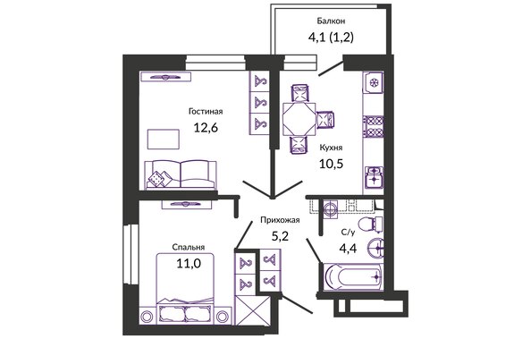 Планировка 2-комн 44,9 м²