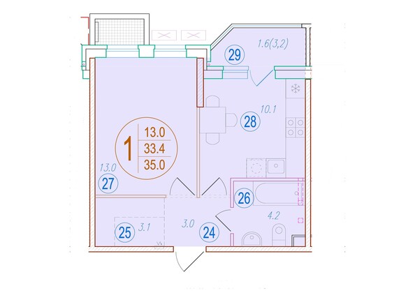 Планировка 1-комн 35 м²