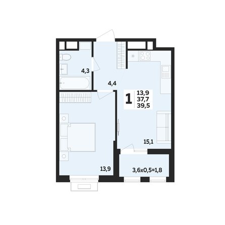 Планировка 1-комн 39,5 м²