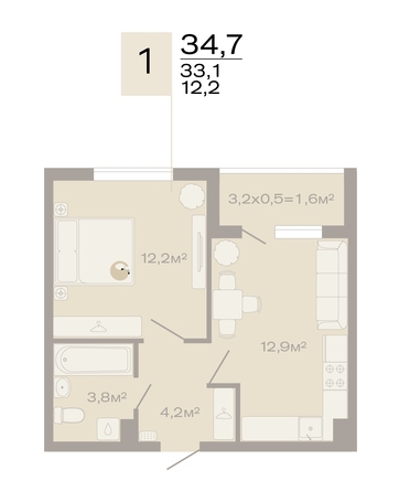 Планировка 1-комн 34,7 м²