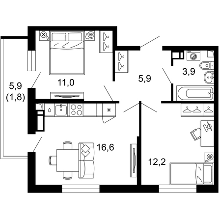 Планировка 2-комн 51,4 м²