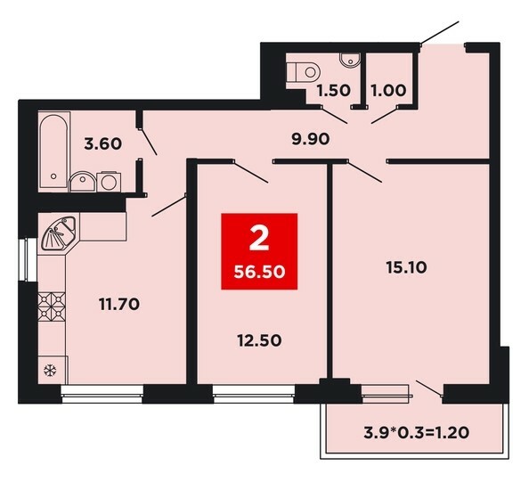 Планировка 2-комн 56,5, 57 м²