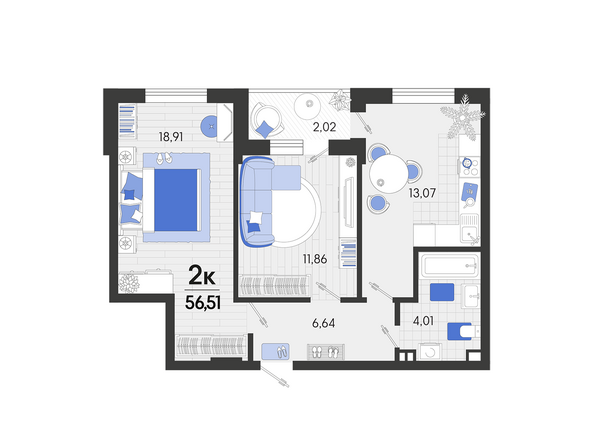 Планировка 2-комн 56,51 м²