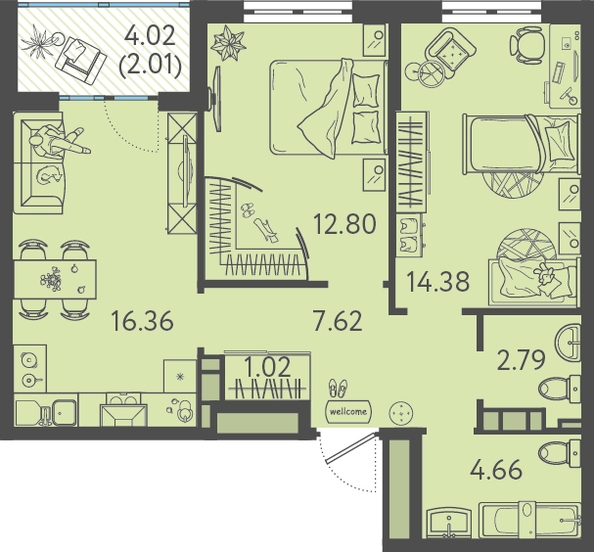 Планировка 2-комн 60,4 - 60,7 м²