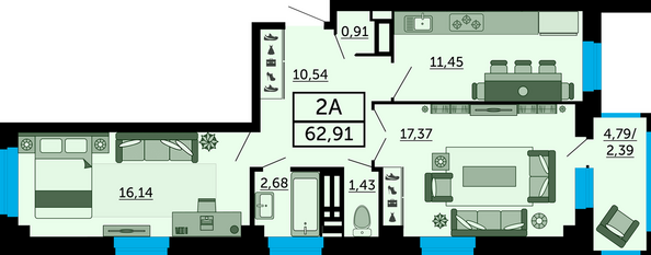 Планировка 2-комн 62,91 м²