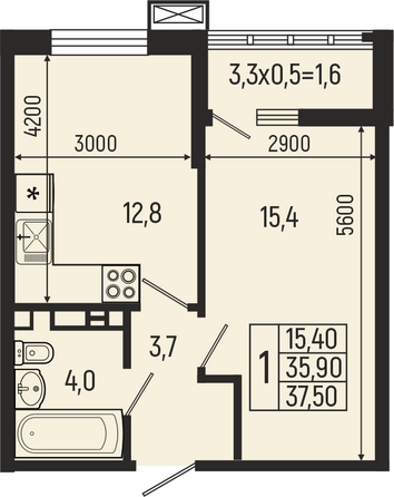 Планировка 1-комн 37,5 м²