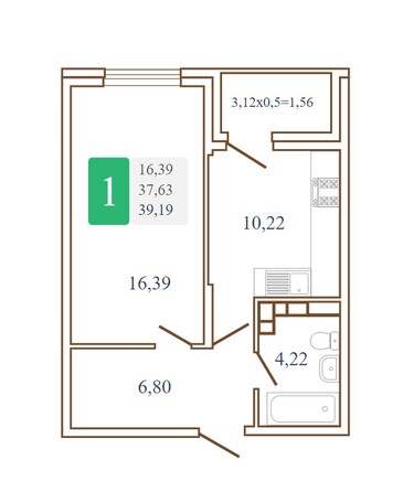 Планировка 1-комн 39,19 м²