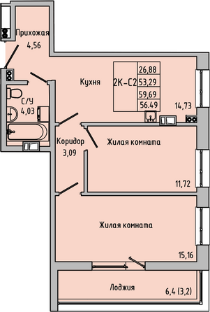 Планировка 2-комн 59,69 м²