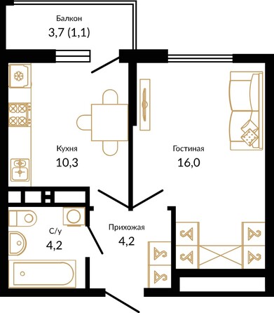 Планировка 1-комн 35,84 - 36,07 м²