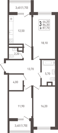 Планировка 3-комн 87,7 м²