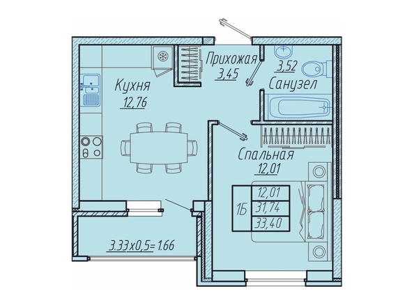 Планировка 1-комн 33,4 м²