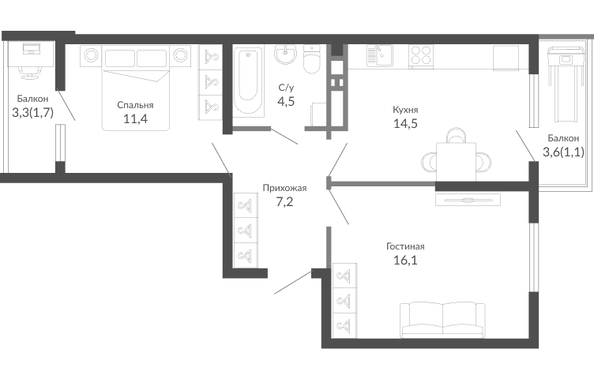 Планировка 2-комн 56,5 м²