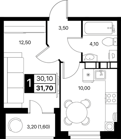 Планировка 1-комн 31,7, 32 м²