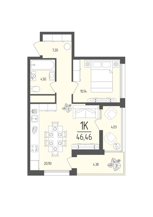 Планировка 1-комн 46,46 м²