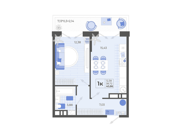 Планировка 1-комн 40,86 м²